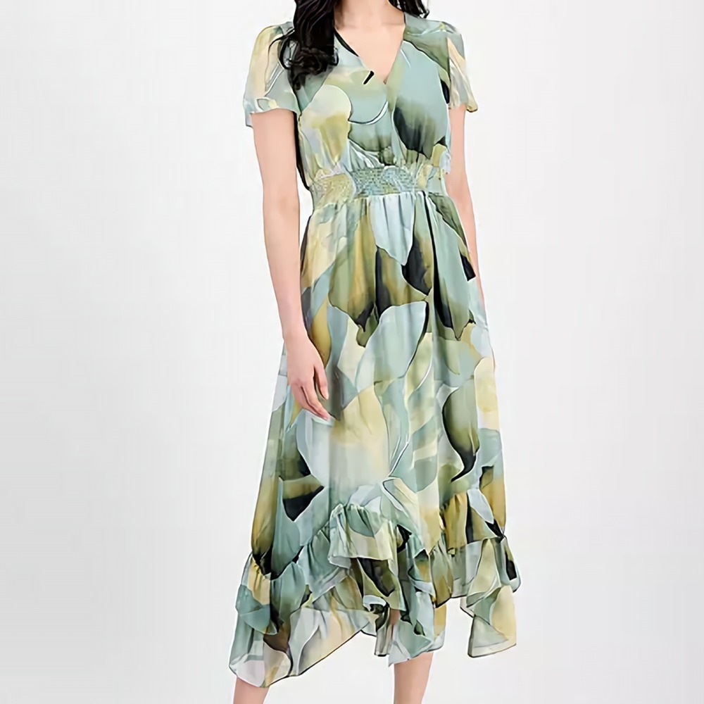 Anne Klein Floral Print Smocked Waist Tulip Sleeve Soft Aloe Dress Womens 4 NWT